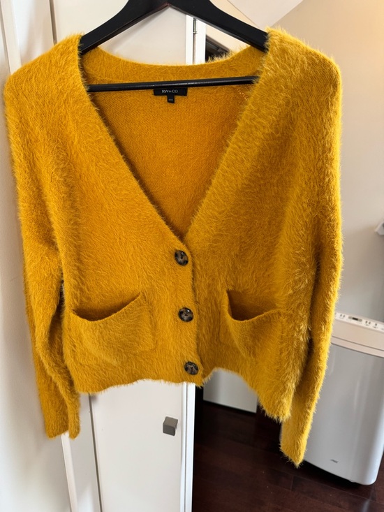 RW&CO. Sweaters - RW & CO EUC Mustard Fuzzy V-Neck Button Cardigan
